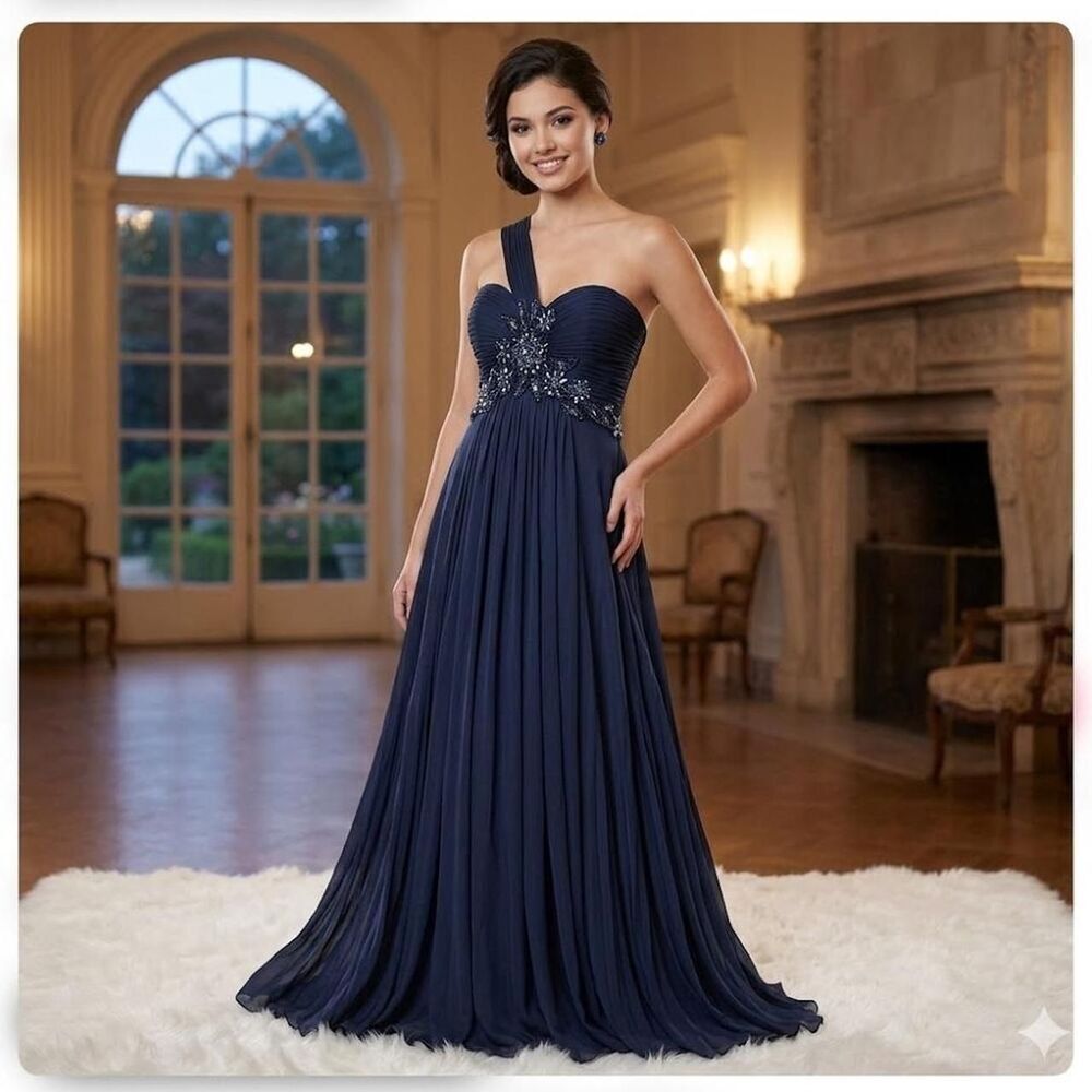 XSCAPE by Joanna Chen Navy blue beaded prom dress with one shoulder strap Size 4